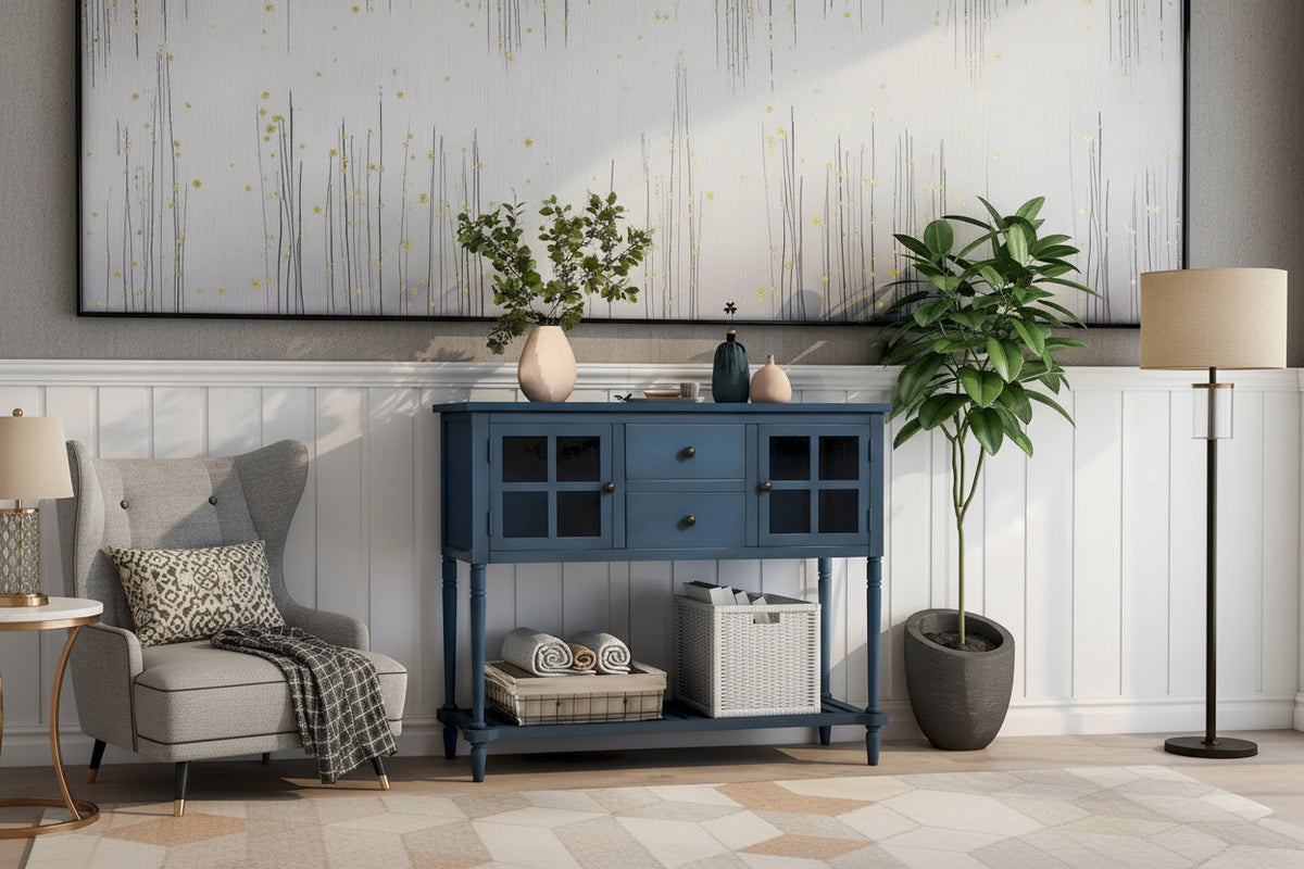 Sideboard Console Table with Bottom Shelf, Farmhouse Wood/Glass Buffet Storage Cabinet Living Room
