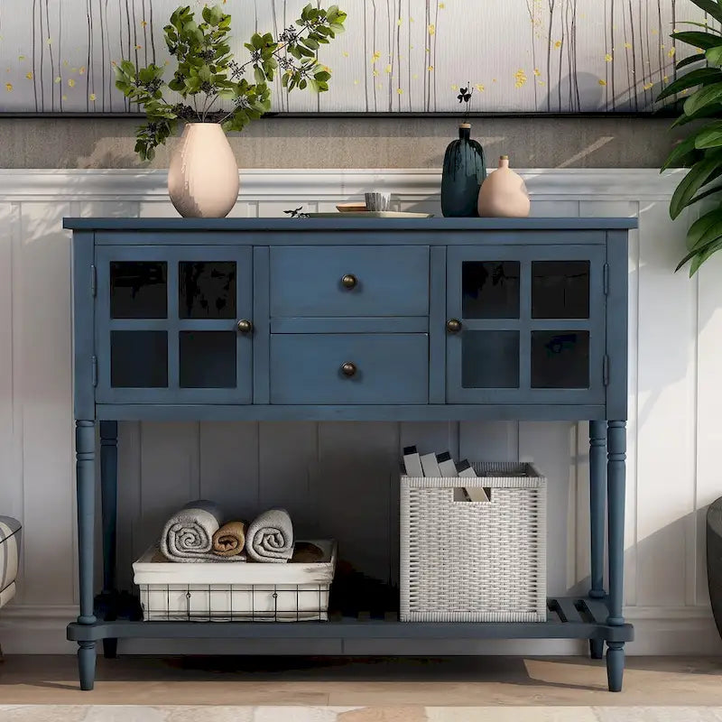 Farmhouse Sideboard Console Table with Glass Cabinet Doors and Drawers 42 in.
