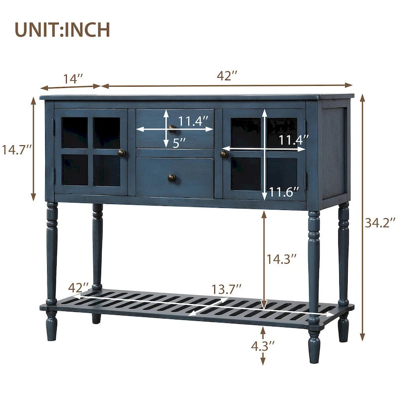 Farmhouse Sideboard Console Table with Glass Cabinet Doors and Drawers 42 in.
