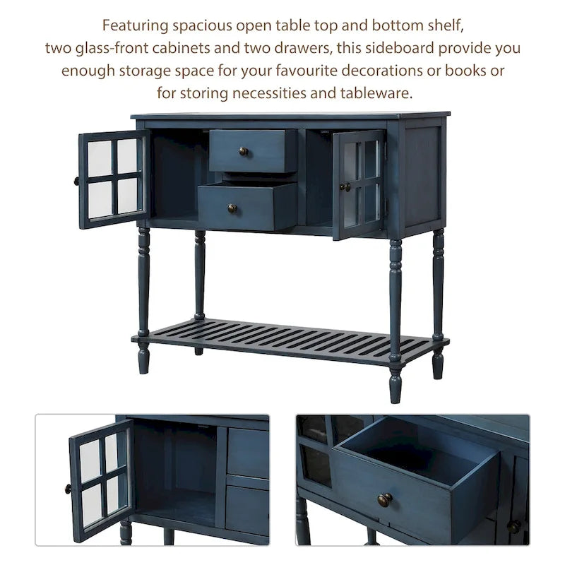 Farmhouse Sideboard Console Table with Glass Cabinet Doors and Drawers 42 in.