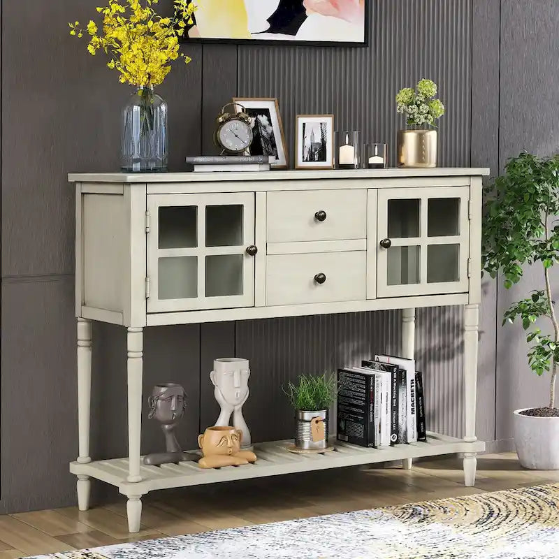 Farmhouse Sideboard Console Table with Glass Cabinet Doors and Drawers 42 in.