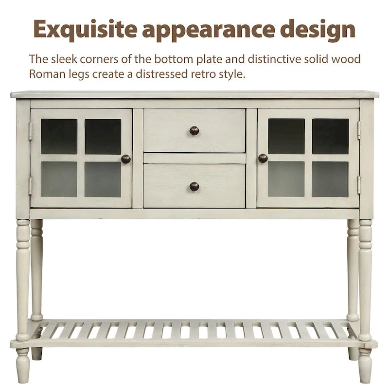 Farmhouse Sideboard Console Table with Glass Cabinet Doors and Drawers 42 in.