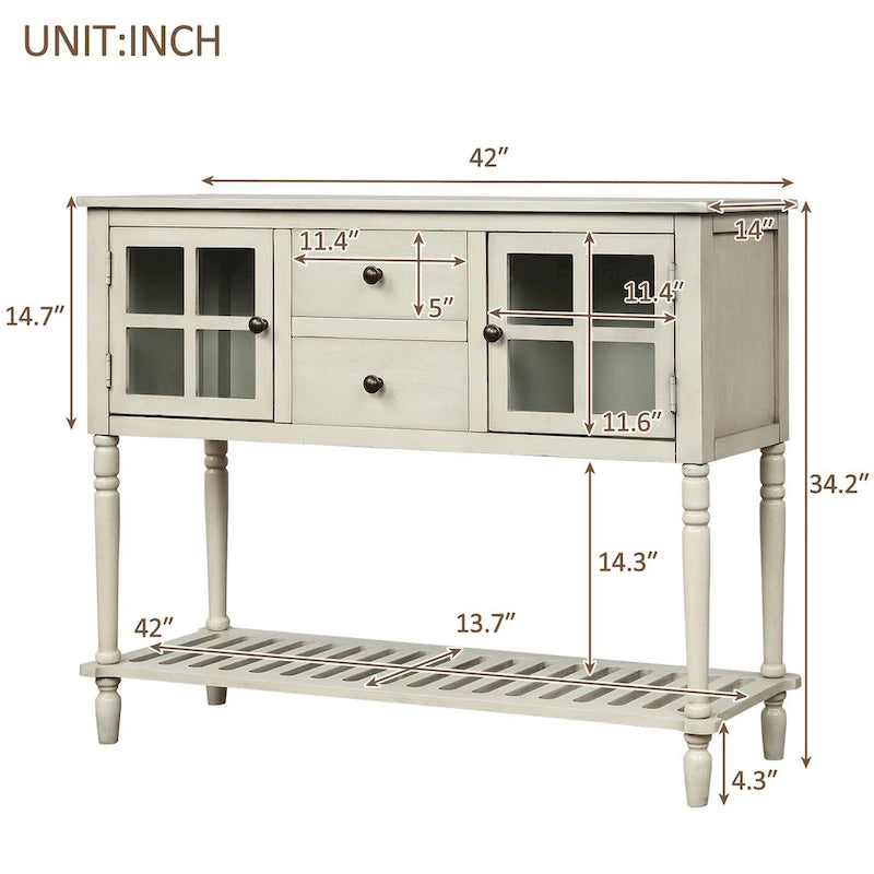 Farmhouse Sideboard Console Table with Glass Cabinet Doors and Drawers 42 in.