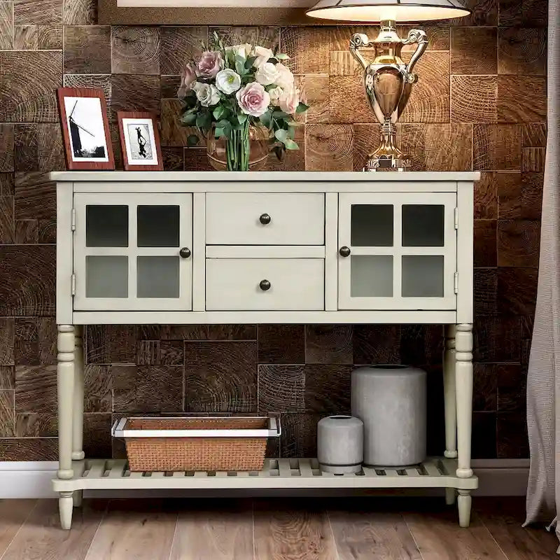 Farmhouse Sideboard Console Table with Glass Cabinet Doors and Drawers 42 in.