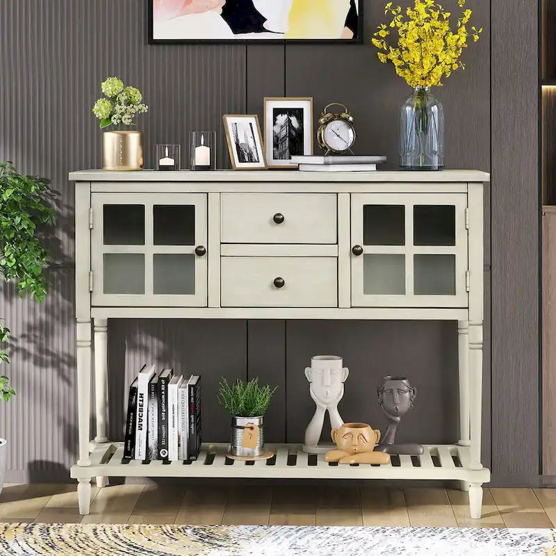 Farmhouse Sideboard Console Table with Glass Cabinet Doors and Drawers 42 in.