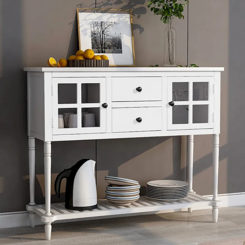 Farmhouse Sideboard Console Table with Glass Cabinet Doors and Drawers 42 in.