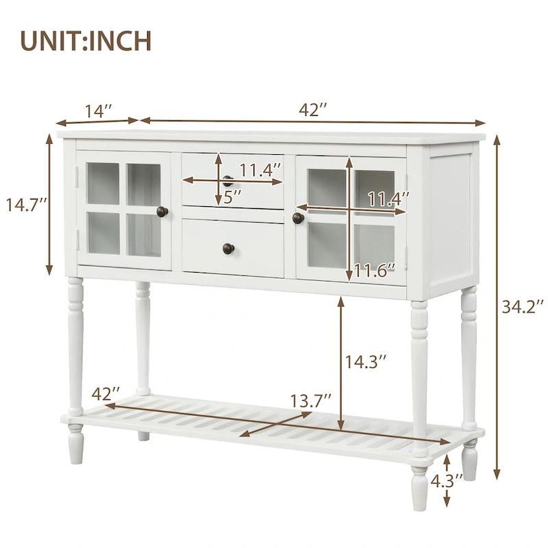 Farmhouse Sideboard Console Table with Glass Cabinet Doors and Drawers 42 in.