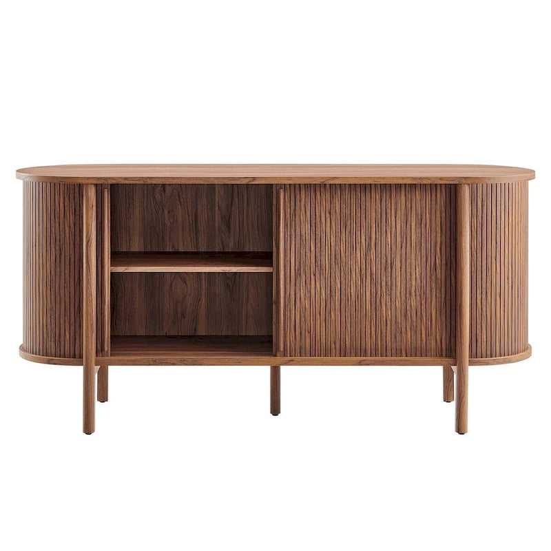 63-Inch Mid-Century Modern Sideboard with Curved Edges and Fluted Details, Walnut