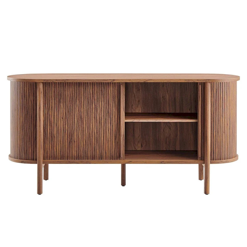 63-Inch Mid-Century Modern Sideboard with Curved Edges and Fluted Details, Walnut