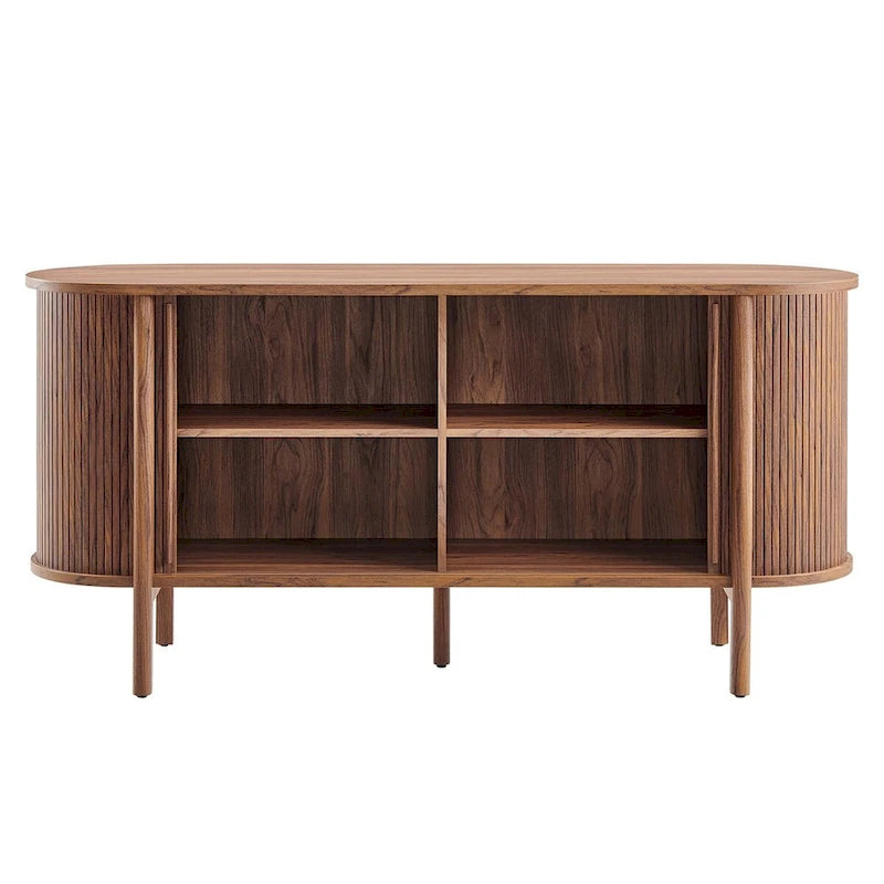 63-Inch Mid-Century Modern Sideboard with Curved Edges and Fluted Details, Walnut