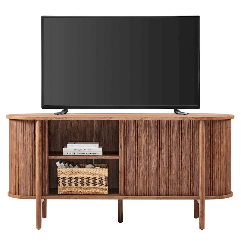 63-Inch Mid-Century Modern Sideboard with Curved Edges and Fluted Details, Walnut