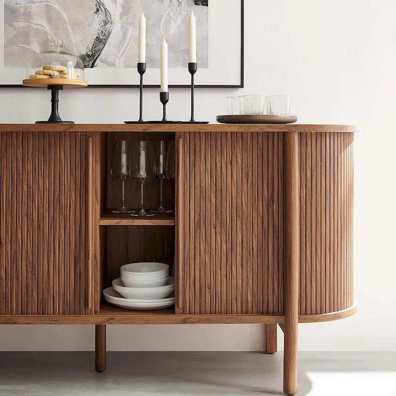 63-Inch Mid-Century Modern Sideboard with Curved Edges and Fluted Details, Walnut