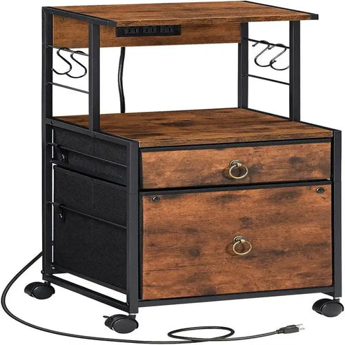 2 Drawer File Cabinet with Power Outlet Printer Shelf and Lockable Wheels