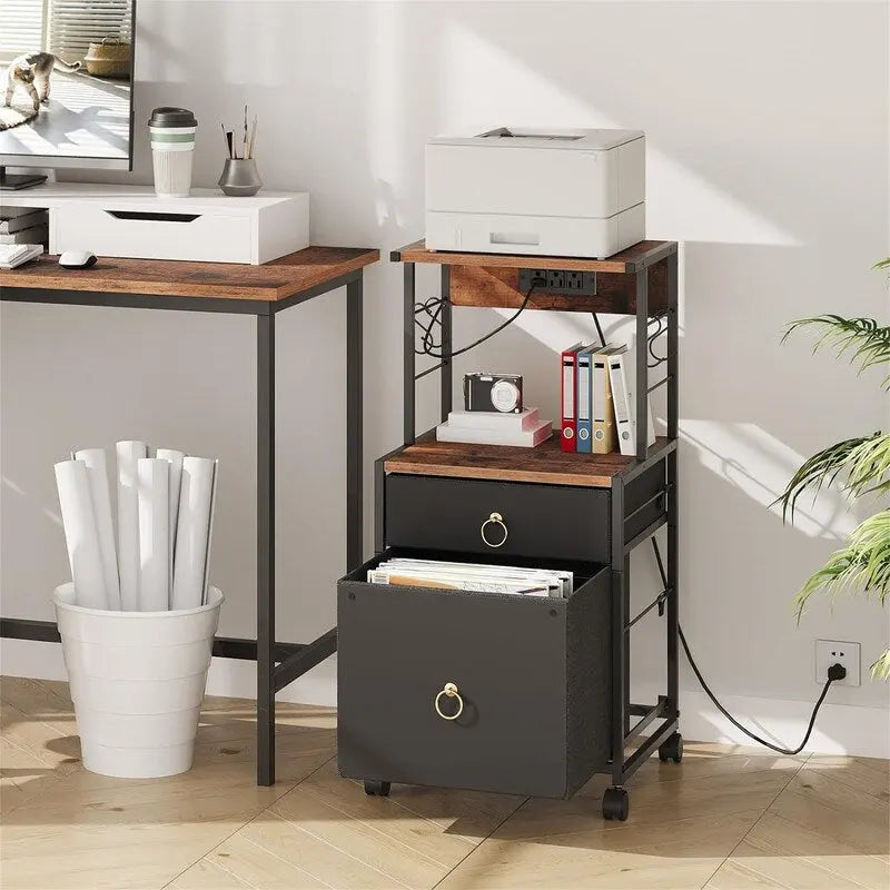 2 Drawer File Cabinet with Power Outlet Printer Shelf and Lockable Wheels