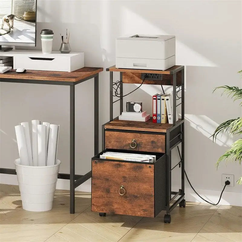 2 Drawer File Cabinet with Power Outlet Printer Shelf and Lockable Wheels