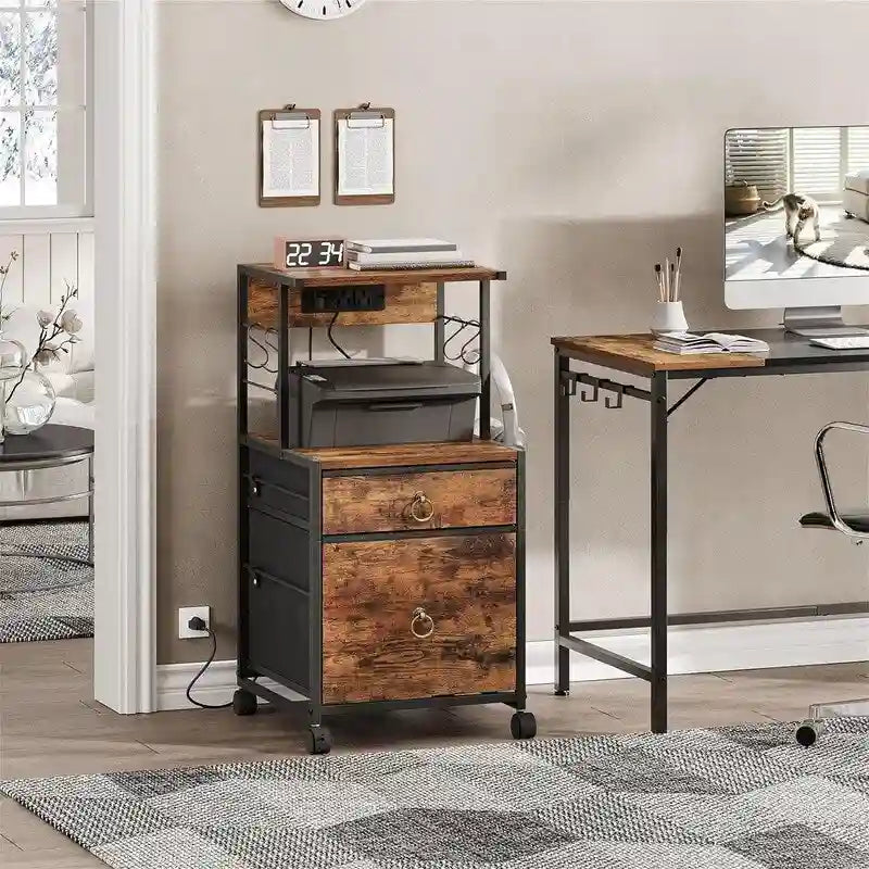 2 Drawer File Cabinet with Power Outlet Printer Shelf and Lockable Wheels