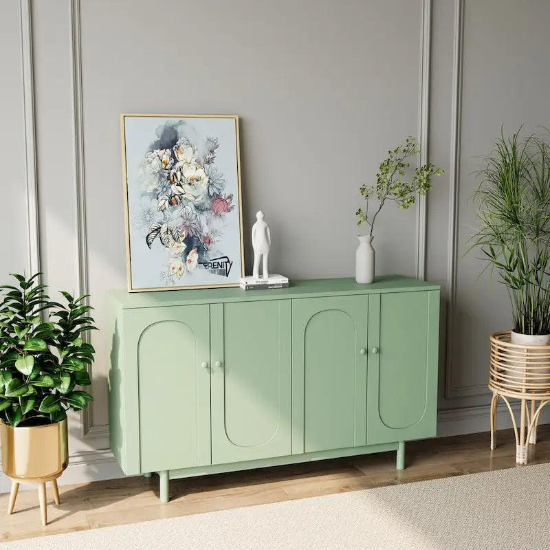 Mint Green 4 Door Sideboard Cabinet with Intaglio Detail Adjustable Shelf 59 in.
