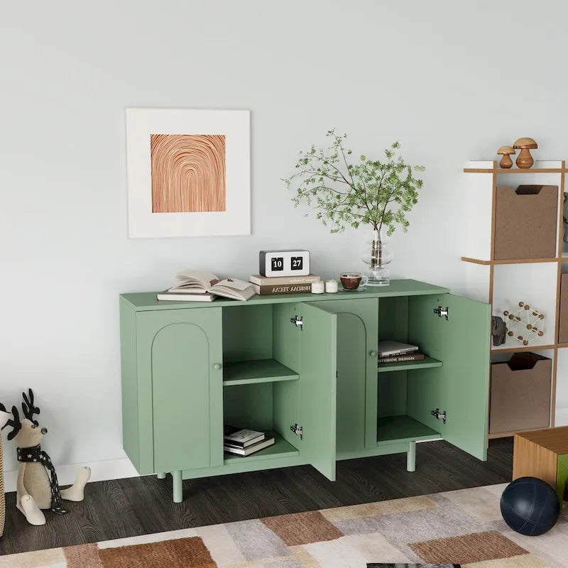 Mint Green 4 Door Sideboard Cabinet with Intaglio Detail Adjustable Shelf 59 in.