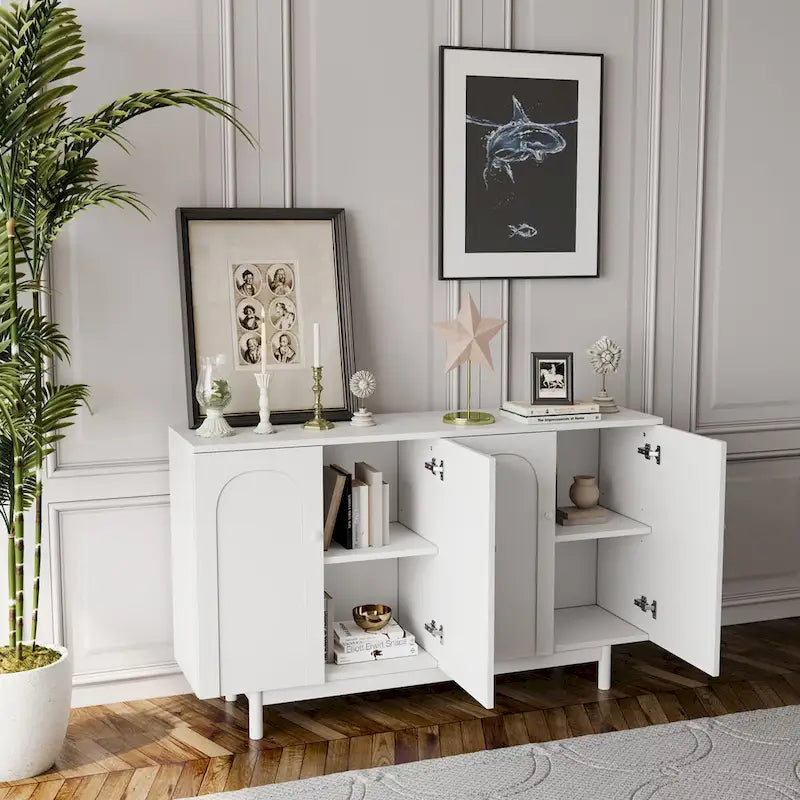 Mint Green 4 Door Sideboard Cabinet with Intaglio Detail Adjustable Shelf 59 in.