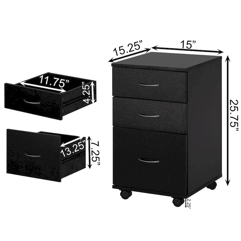 3 Drawer Mobile File Cabinet on Casters with Printer Shelf Fits Under Desk