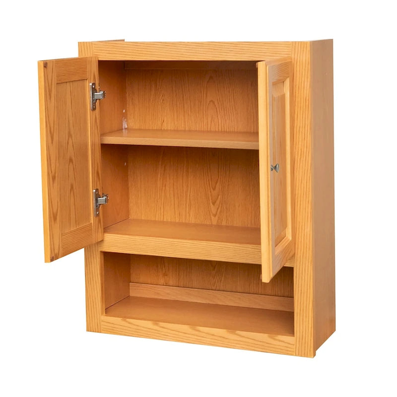 Raised Panel Bathroom Wall Cabinet with 2 Doors and Open Shelf, Natural Birch