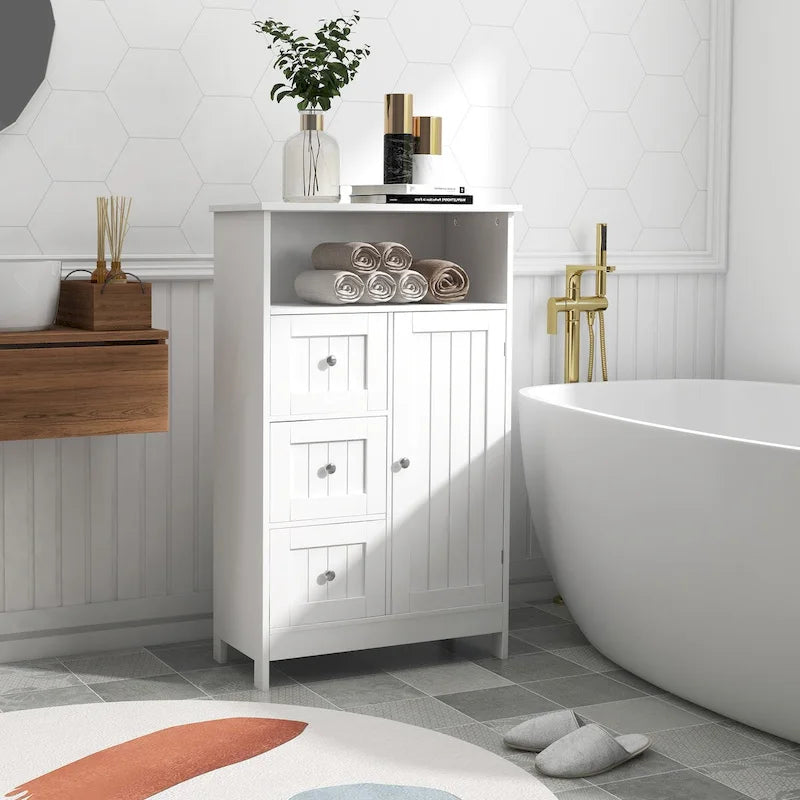 White Standing Storage Cabinet with 3 Drawers and 1 Door, 39.6 in.