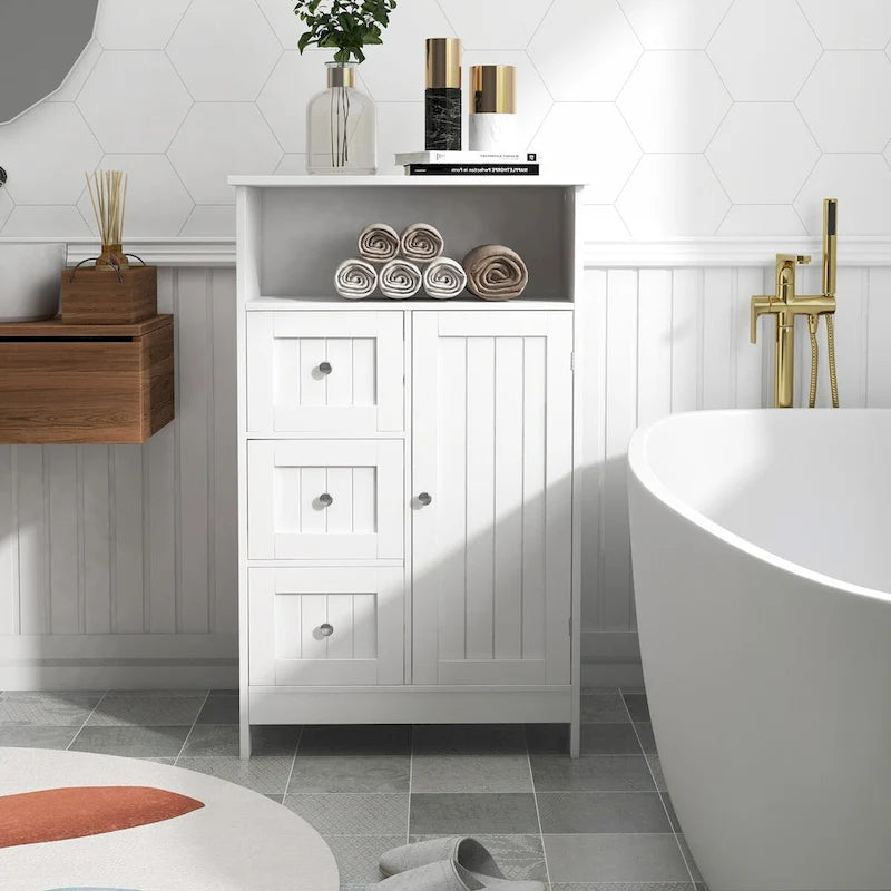 White Standing Storage Cabinet with 3 Drawers and 1 Door, 39.6 in.