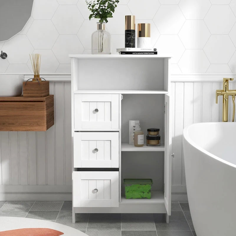 White Standing Storage Cabinet with 3 Drawers and 1 Door, 39.6 in.