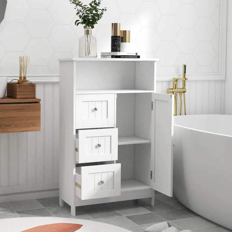 White Standing Storage Cabinet with 3 Drawers and 1 Door, 39.6 in.