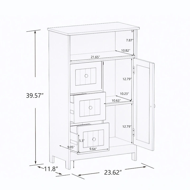 White Standing Storage Cabinet with 3 Drawers and 1 Door, 39.6 in.
