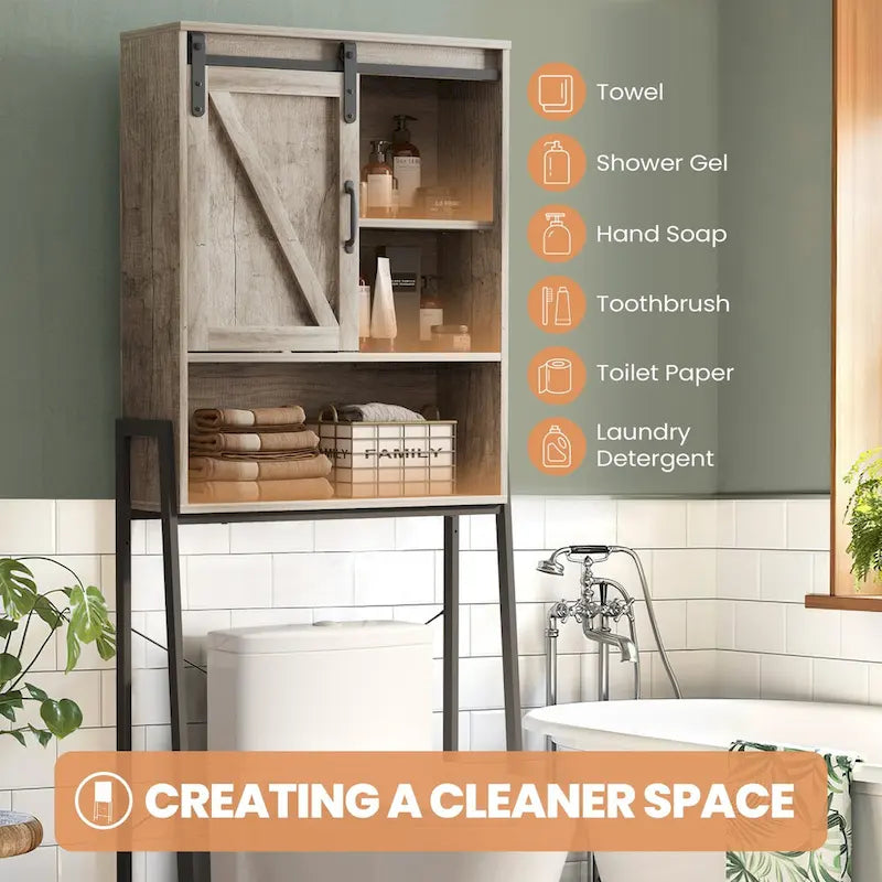 Over Toilet Storage Cabinet with Sliding Barn Door and Adjustable Shelves 66.93 in.