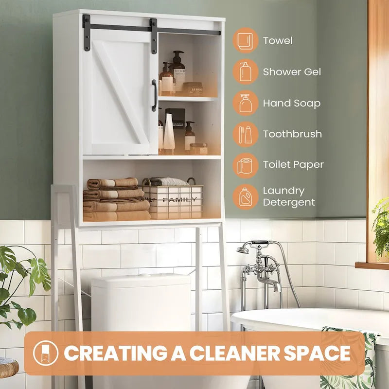 Over Toilet Storage Cabinet with Sliding Barn Door and Adjustable Shelves 66.93 in.