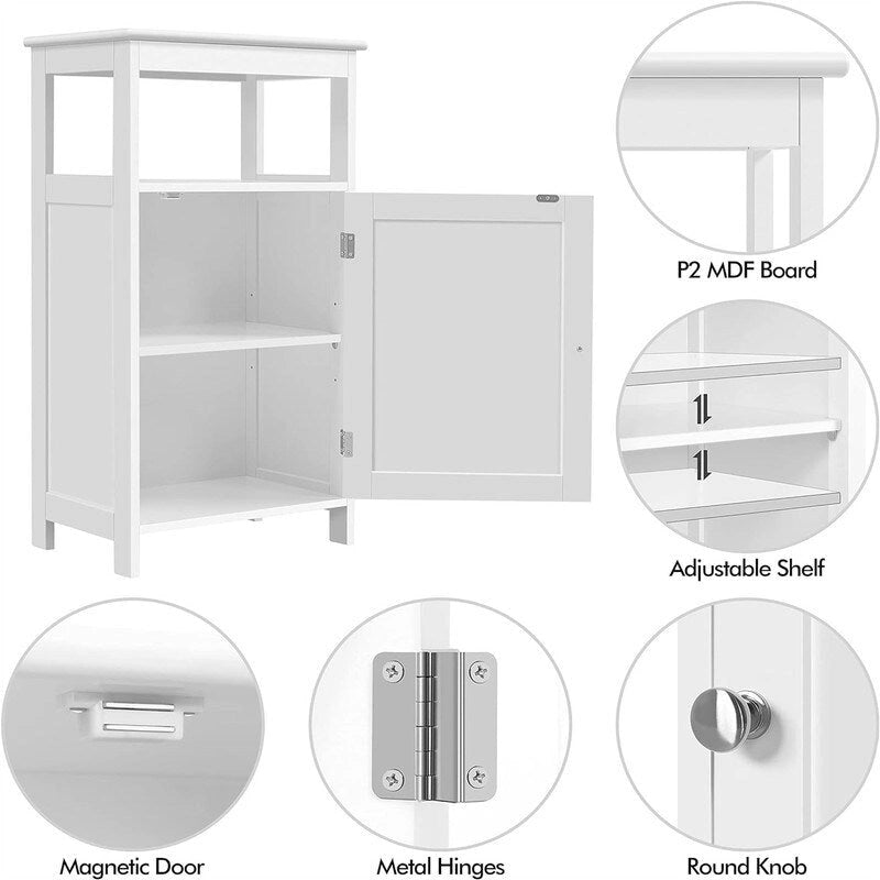 Freestanding Bathroom Side Cabinet with Open Shelf and Adjustable Door Cabinet