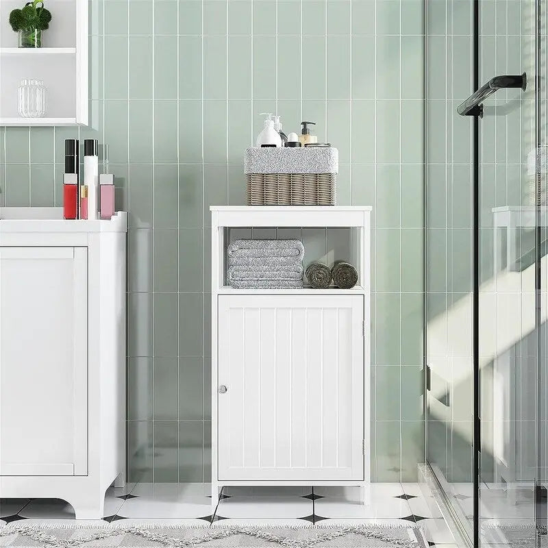 Freestanding Bathroom Side Cabinet with Open Shelf and Adjustable Door Cabinet