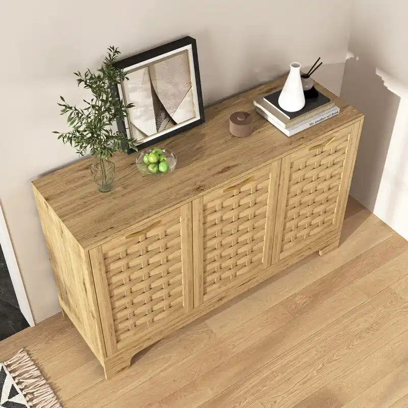 Farmhouse Buffet Sideboard Cabinet with 3 Woven Doors and Adjustable Shelf