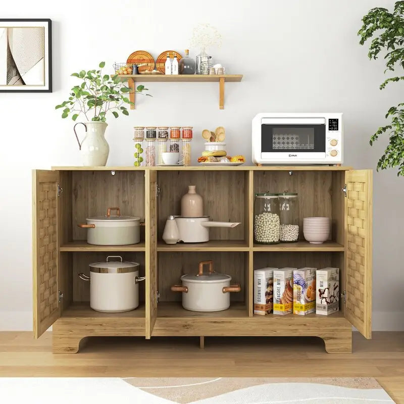 Farmhouse Buffet Sideboard Cabinet with 3 Woven Doors and Adjustable Shelf