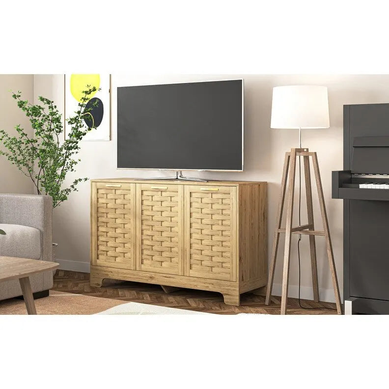 Farmhouse Buffet Sideboard Cabinet with 3 Woven Doors and Adjustable Shelf