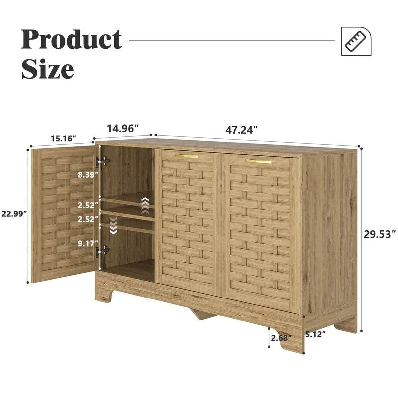 Farmhouse Buffet Sideboard Cabinet with 3 Woven Doors and Adjustable Shelf
