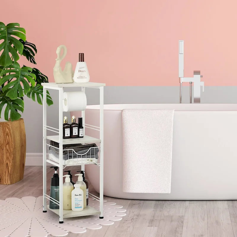 Freestanding Bathroom Shelf with Drawer Toilet Paper Holder and Tiered Storage