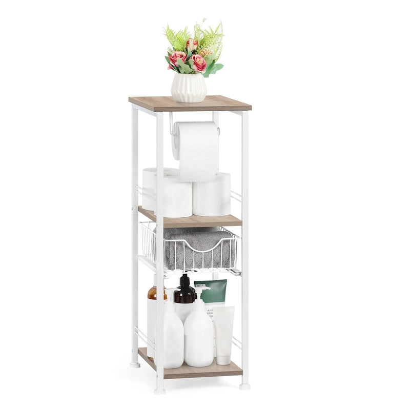 Freestanding Bathroom Shelf with Drawer Toilet Paper Holder and Tiered Storage