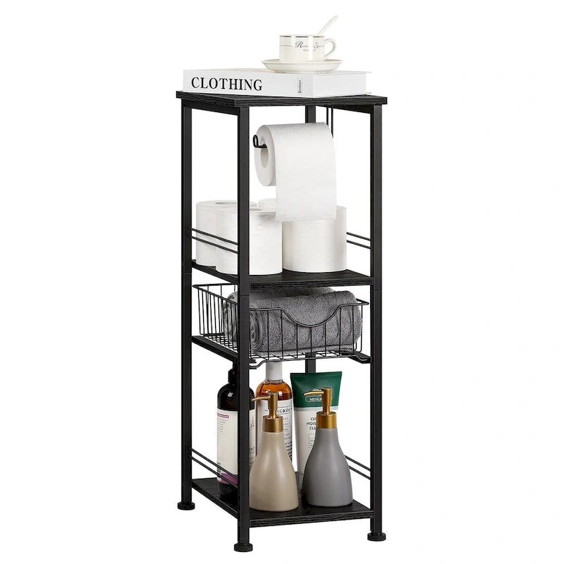 Freestanding Bathroom Shelf with Drawer Toilet Paper Holder and Tiered Storage