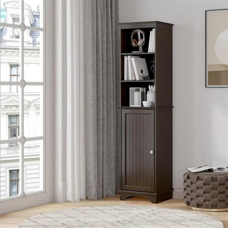 Tall Freestanding Storage Cabinet with 3 Open Shelves and Closed Cabinet