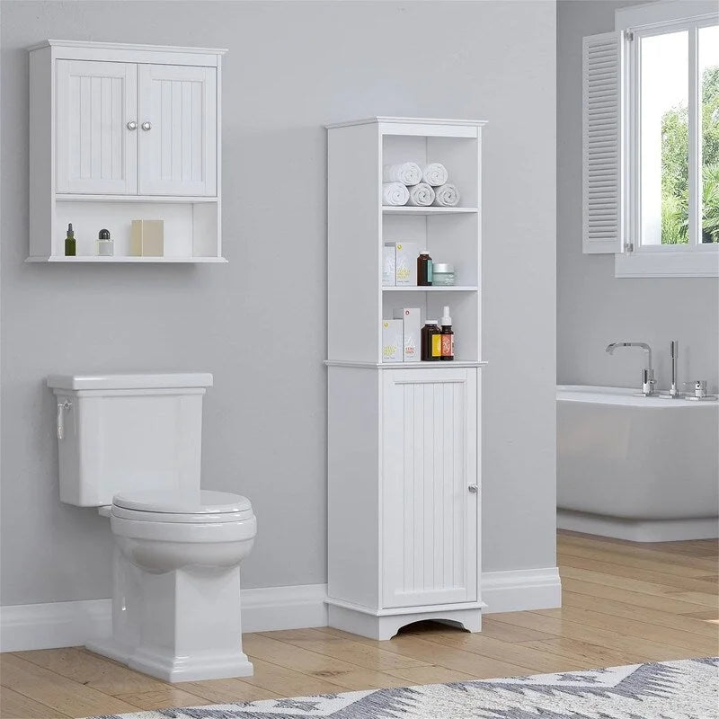 Tall Freestanding Storage Cabinet with 3 Open Shelves and Closed Cabinet