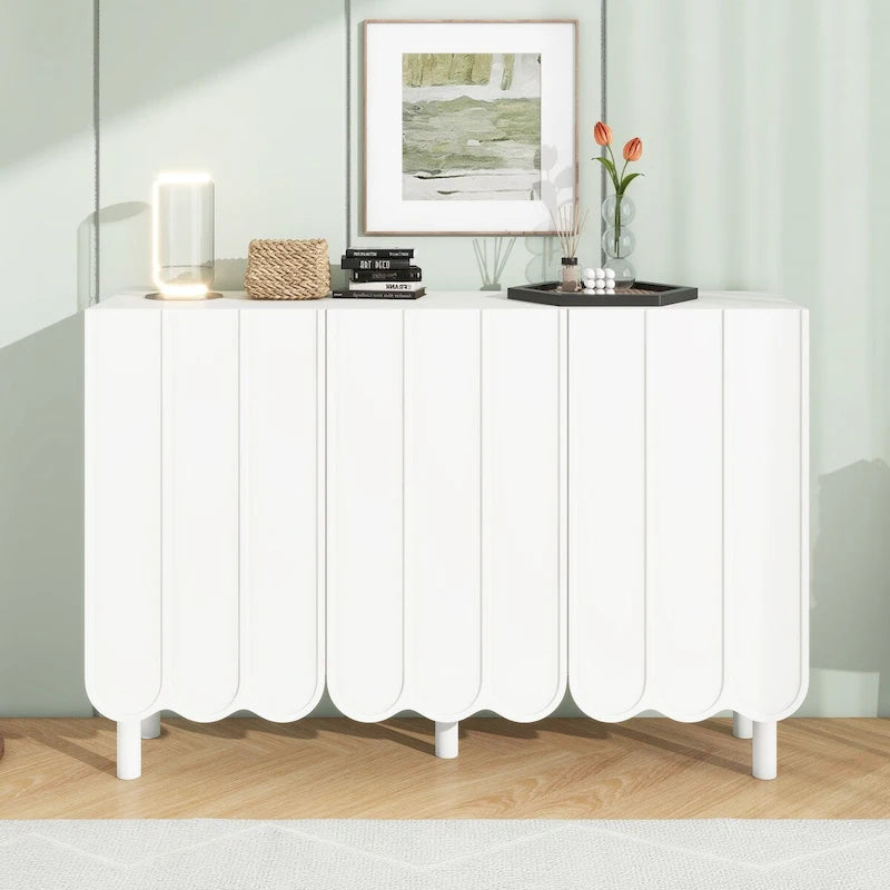 Shoe Cabinet with Wave Doors, Adjustable Shelves and 5 Pine Legs, 47 in.