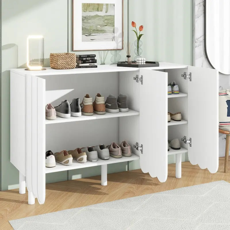 Shoe Cabinet with Wave Doors, Adjustable Shelves and 5 Pine Legs, 47 in.