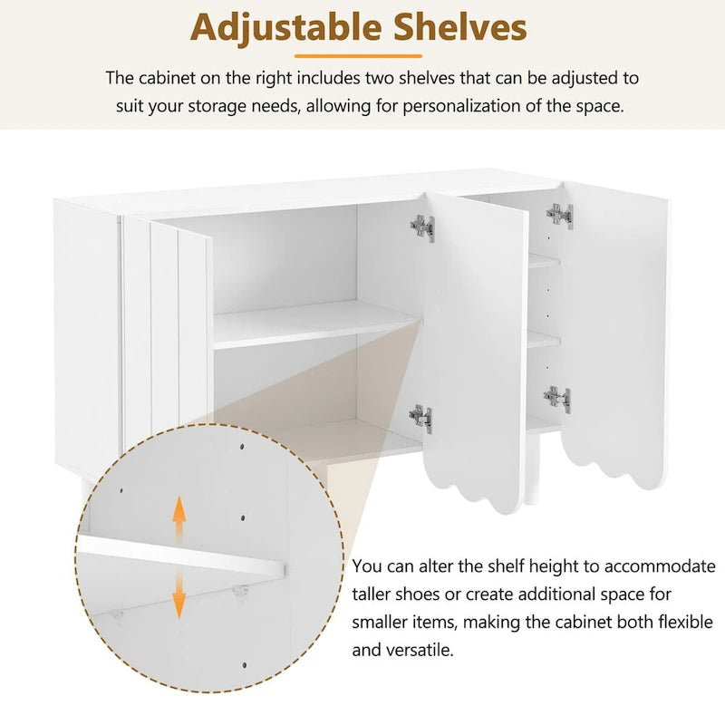 Shoe Cabinet with Wave Doors, Adjustable Shelves and 5 Pine Legs, 47 in.