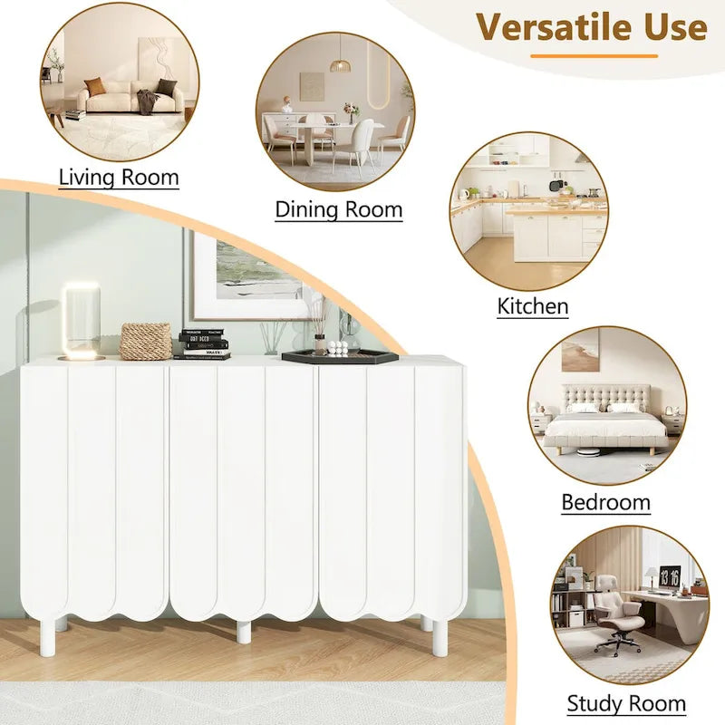 Shoe Cabinet with Wave Doors, Adjustable Shelves and 5 Pine Legs, 47 in.