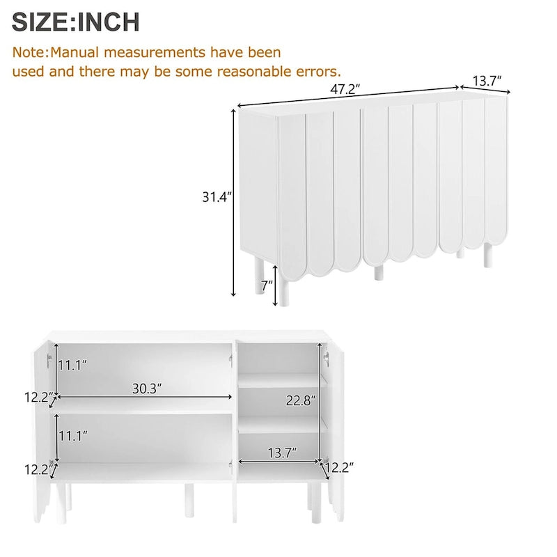 Shoe Cabinet with Wave Doors, Adjustable Shelves and 5 Pine Legs, 47 in.
