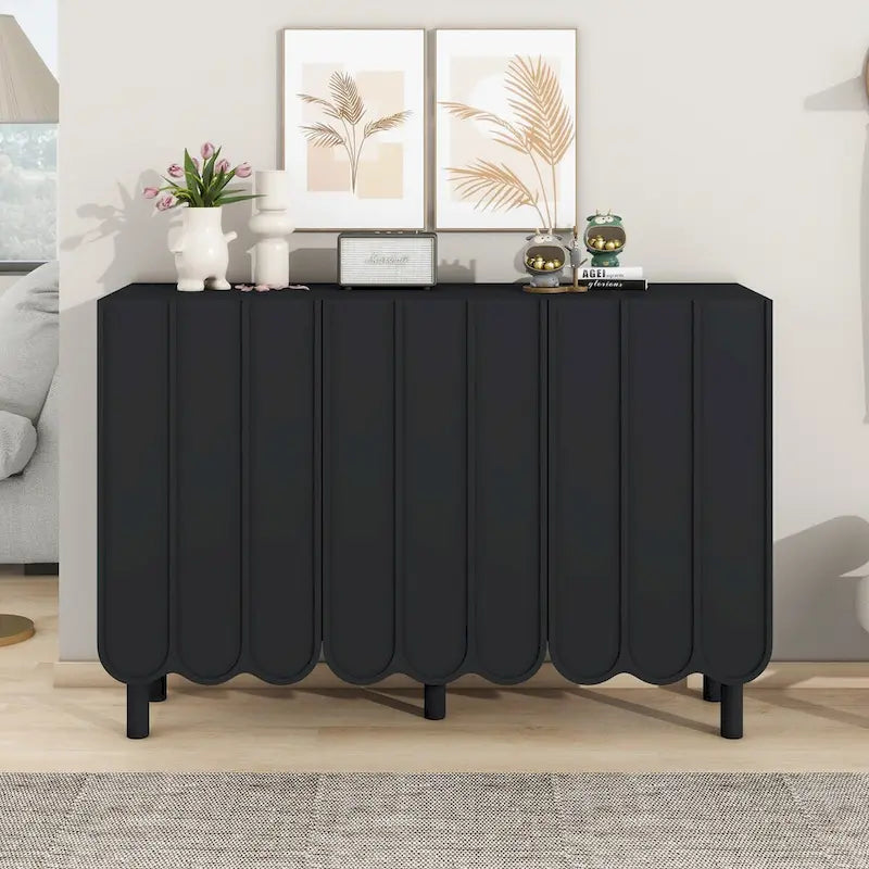Shoe Cabinet with Wave Doors, Adjustable Shelves and 5 Pine Legs, 47 in.
