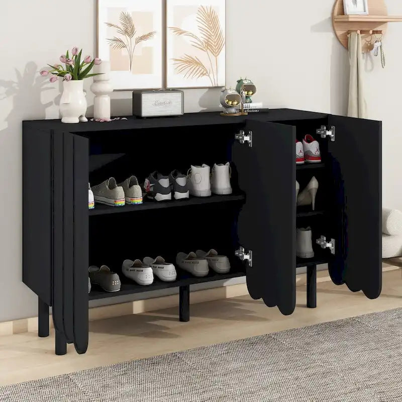 Shoe Cabinet with Wave Doors, Adjustable Shelves and 5 Pine Legs, 47 in.
